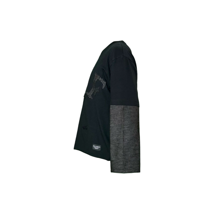 Long sleeve nera con dettagli in Denim nero, pizzo e brillantini neri - immagine 2