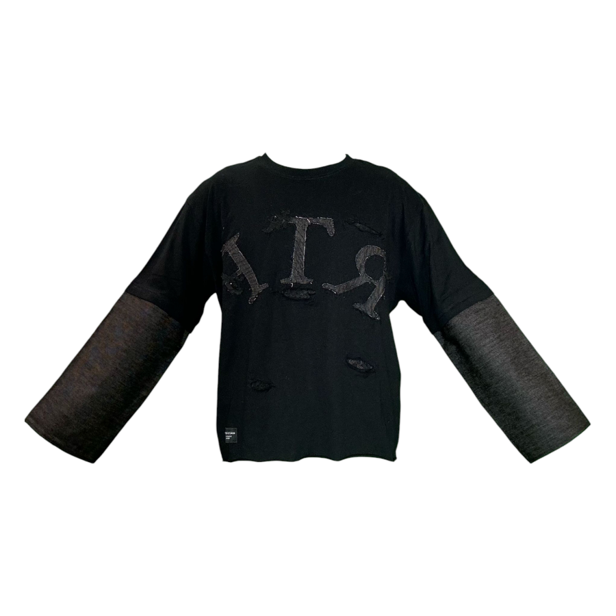 Long sleeve nera con dettagli in Denim nero, pizzo e brillantini neri