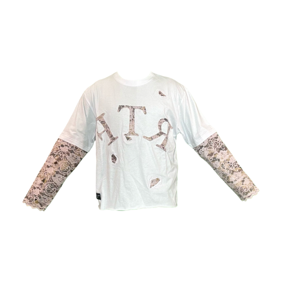 Long sleeve nera con dettagli militari e applicazione in pizzo rosa e antico